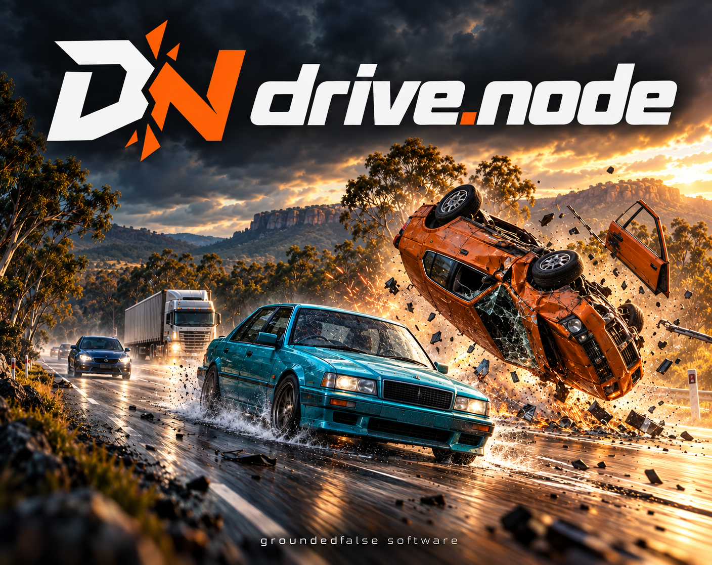 Illustrated drive.node cover: a blue car avoids an orange car rolling across a highway